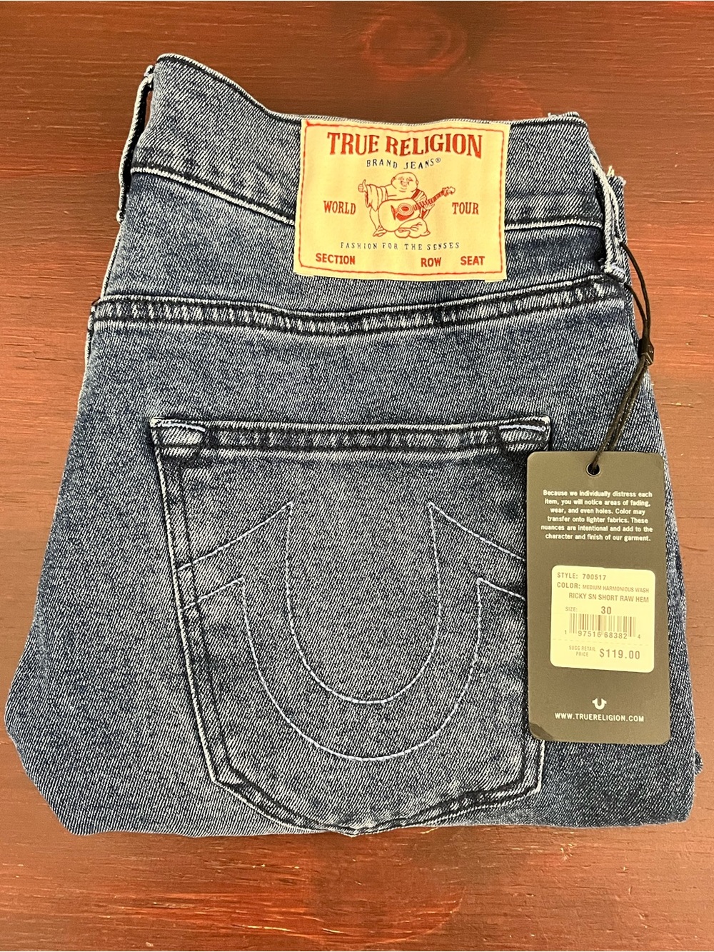 True Religion Ricky SN Raw Hem Mens Jorts Blue Harmonious Wash Shorts Size 30
